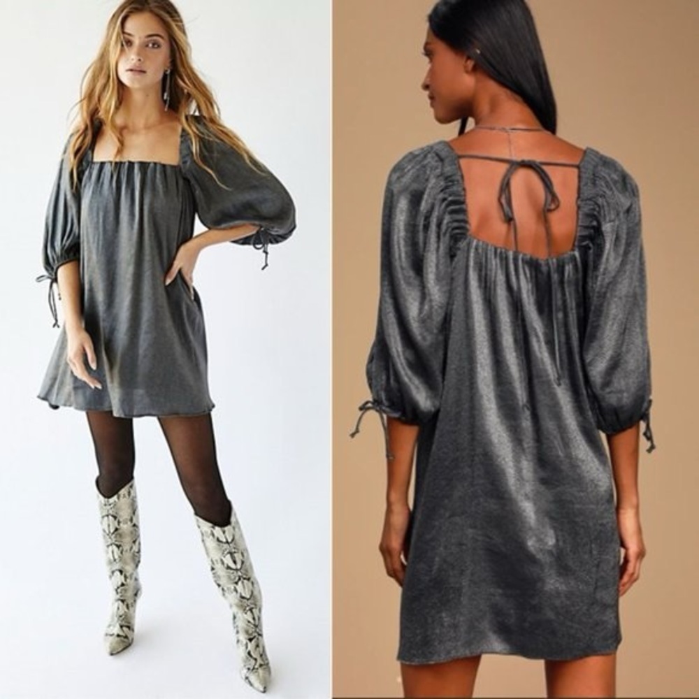 Free People Mara Balloon Sleeve A-line Mini Party Dress in Graphite